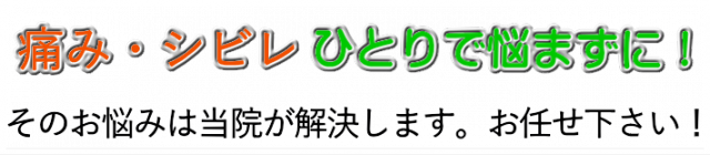 痛み・シビレひとりで悩まずに！そのお悩みは当院が解決します。お任せ下さい！